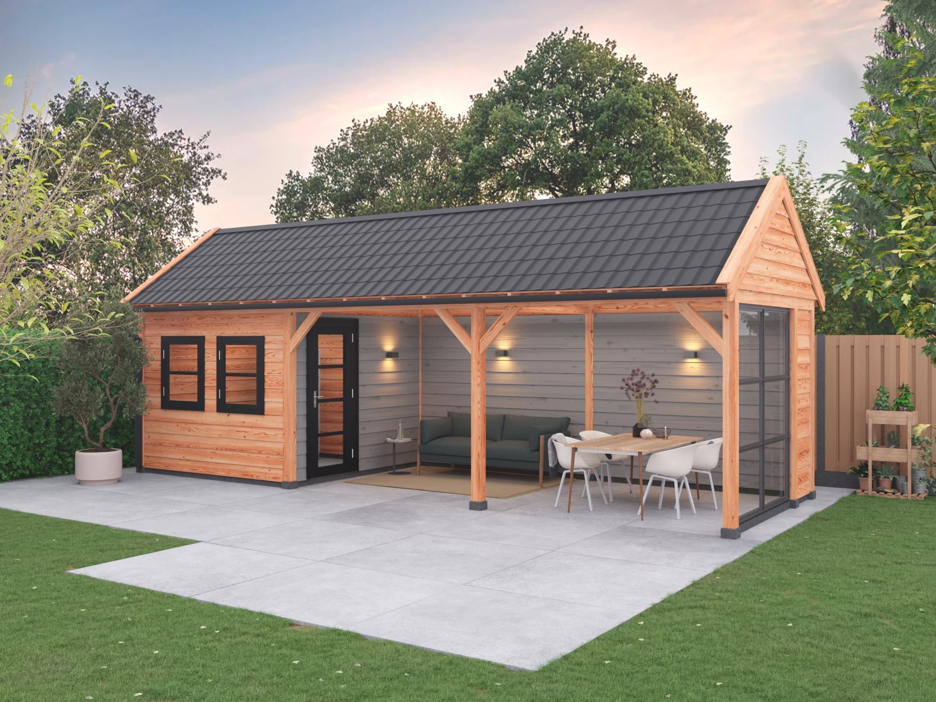 Douglas overkapping zadeldak, 900 x 300, met schuur en achterwand, Westwood Comfort - Afbeelding 2